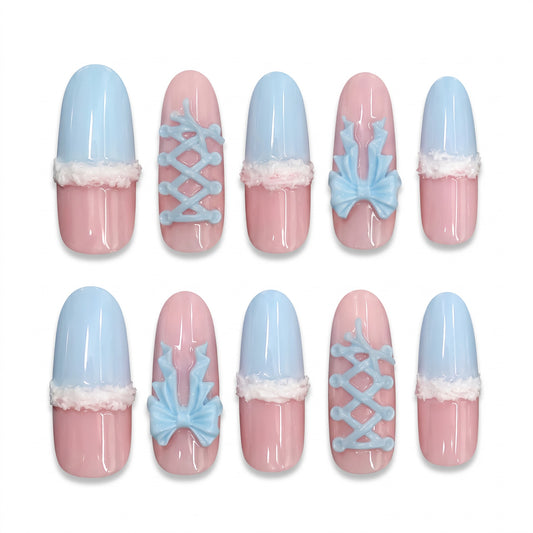 Bow Blue Handmade Press On Nails