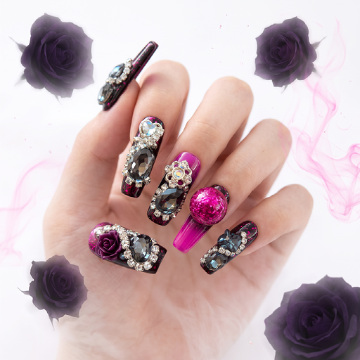 Midnight Fuchsia Water Embellished Handmade Press-On Nails