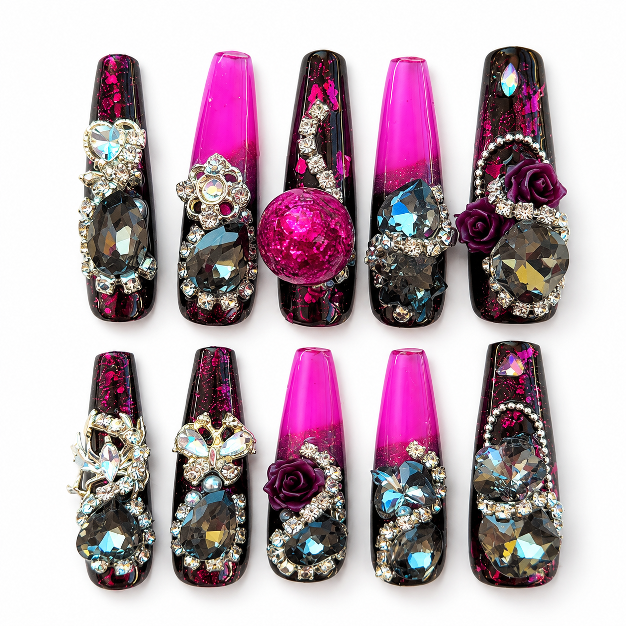 Midnight Fuchsia Water Embellished Handmade Press-On Nails