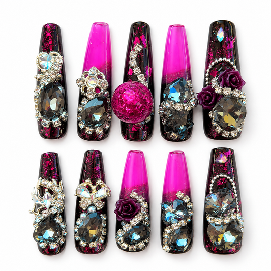 Midnight Fuchsia Water Embellished Handmade Press-On Nails