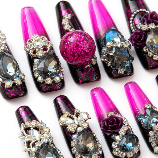 Midnight Fuchsia Water Embellished Handmade Press-On Nails