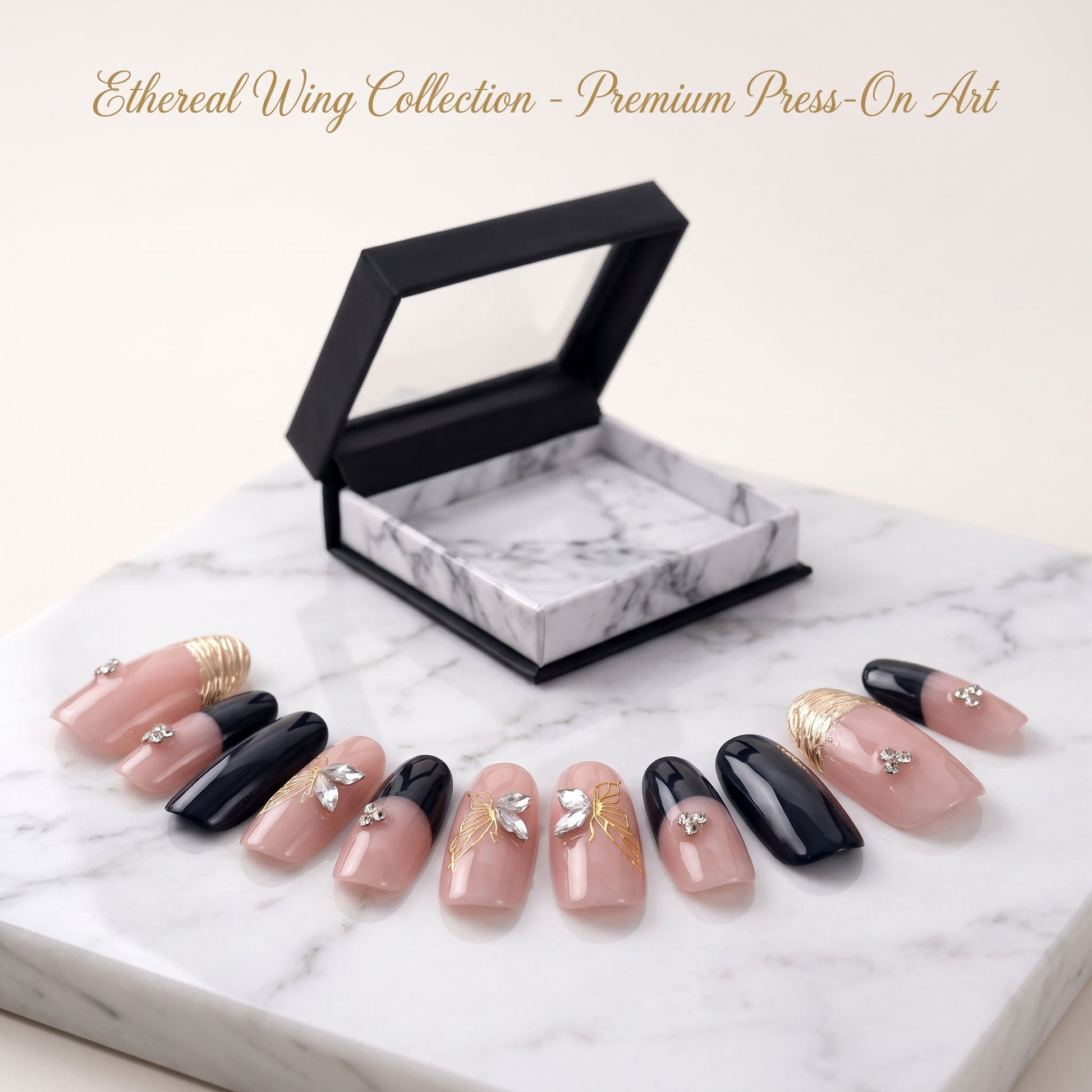 Black Gold handmade press-on nails with nude pink, black, gold butterfly and crystal details