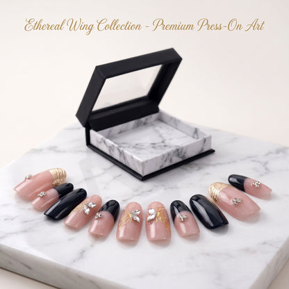 Black Gold handmade press-on nails with nude pink, black, gold butterfly and crystal details