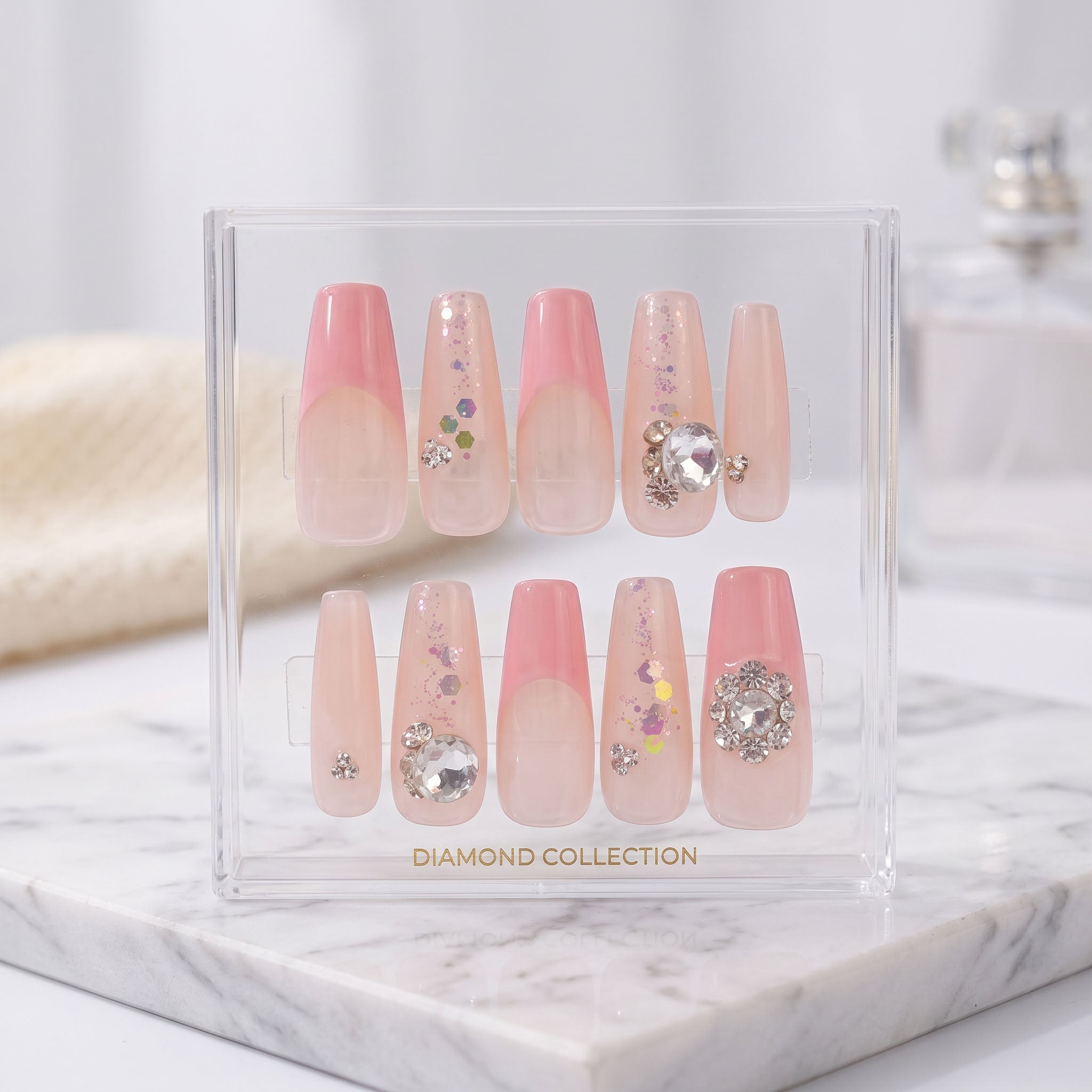 Crystal Soft Pink handmade press-on nails with blush pink, glitter and clear crystal accents