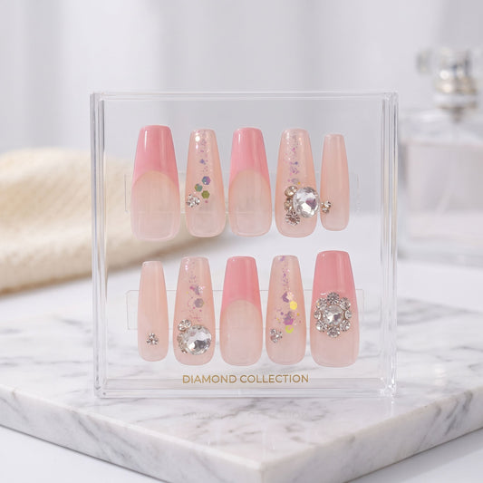 Crystal Soft Pink handmade press-on nails with blush pink, glitter and clear crystal accents