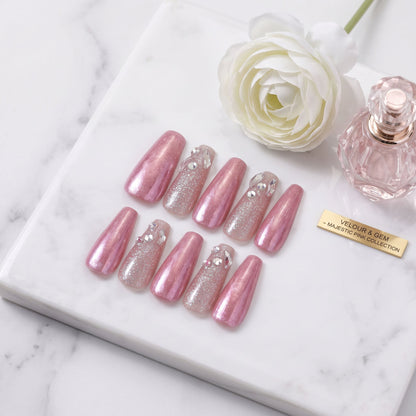 Pink Champagne handmade press-on nails with metallic pink, silver glitter and crystal accents