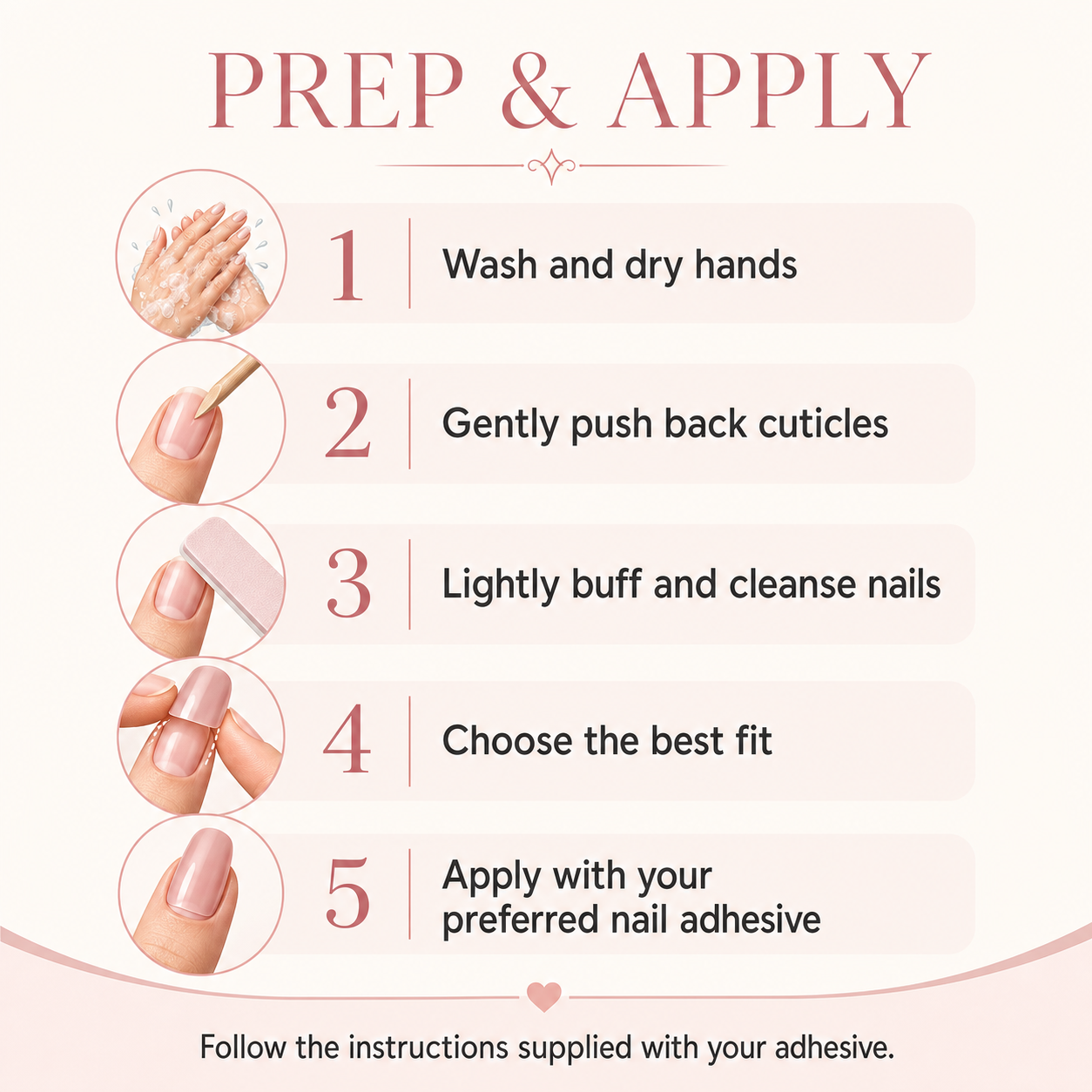 Press-on nail preparation and application guide for Fuchsia Royale Handmade Press On Nails