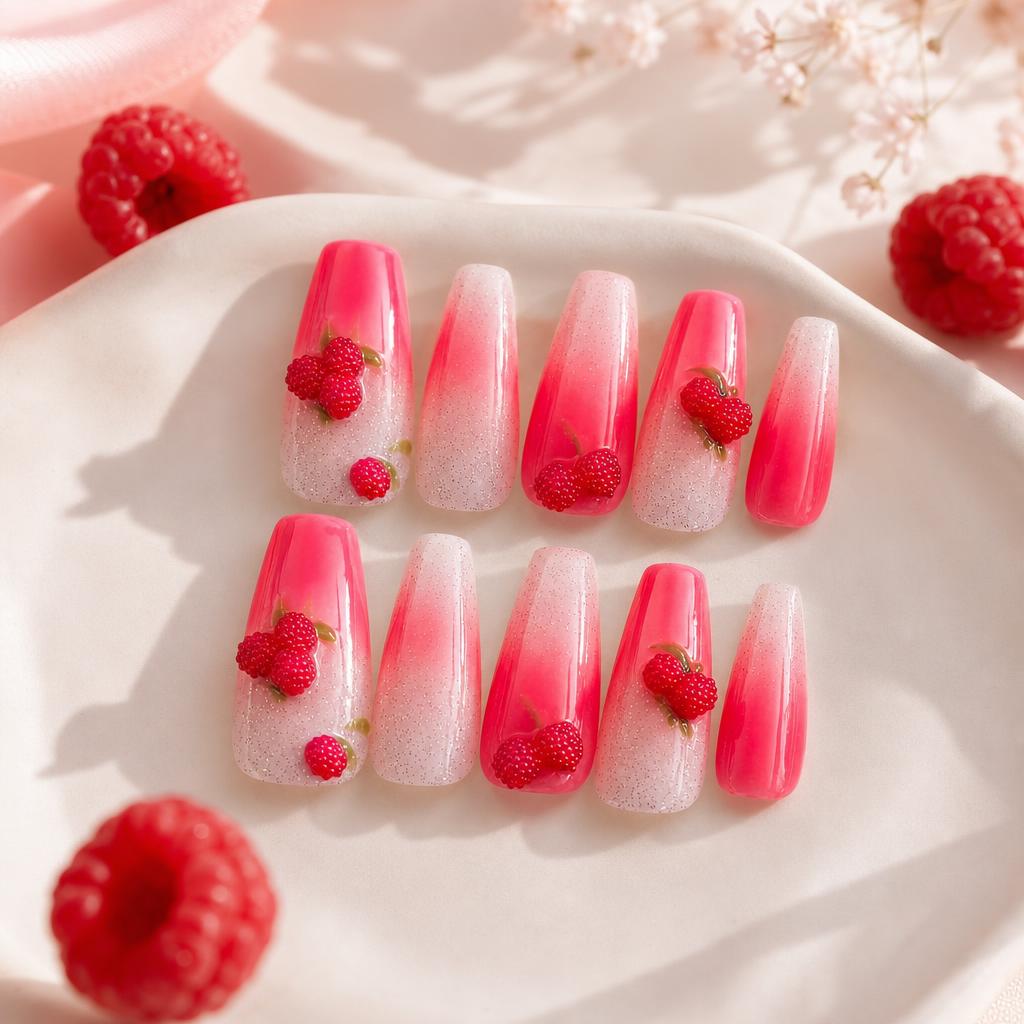 Raspberry Sorbet handmade press-on nails with pink ombré, shimmer and raspberry fruit details